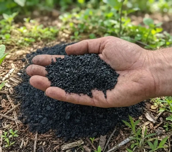 Biochar en gros plan dans une main.
